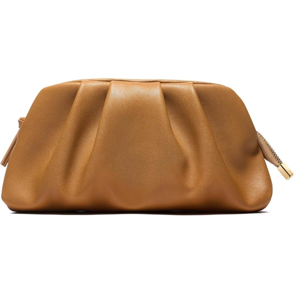 ⚡Women's Soft Pleated Vegan Leather Zipper Closure Evening Brown Clutch Bag